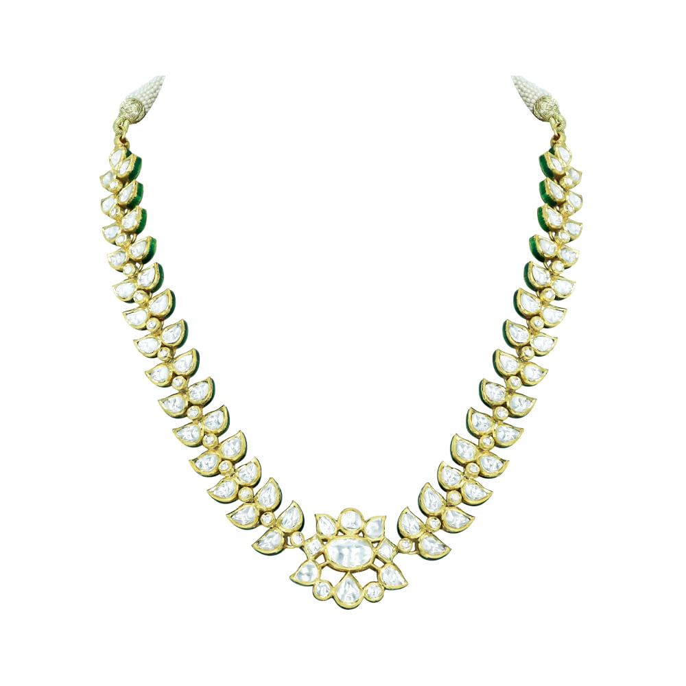 Ivory Polki Necklace with Floral Motif and Petal Design
